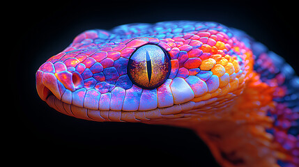 Fototapeta premium snake, the head of a snake in a multi-colored flame. Abstract multicolored profile portrait of a snake head on a black background