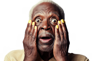 Surprised Elderly African Man with Yellow Nail Polish Isolated on Transparent Background