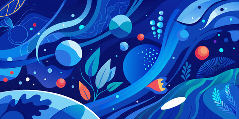 Abstract Blue and Red Pattern with Circular and Floral Shapes