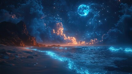 Fototapeta premium Ethereal moonlit beach, with glowing sands, bioluminescent waves, and a sky full of stars, fantasy environment, 3D illustration