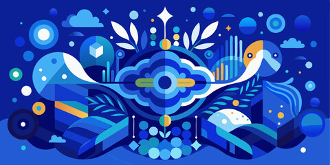 Abstract Blue and Yellow Geometric Shapes with Clouds and Stars