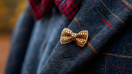close-up of a stylish bow tie pin displayed on a tailored dark blue 