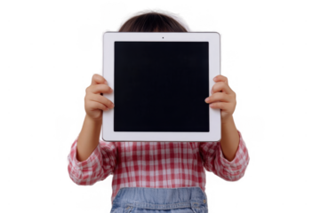 Young Child Holding Blank Tablet Isolated on Transparent Background - Technology Education Concept & Mockup