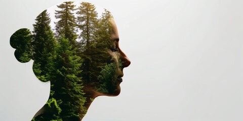 A creative double exposure image combining a woman's profile silhouette with the image of lush...