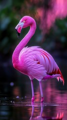 Pink Flamingo Standing in Water with Blurred Background