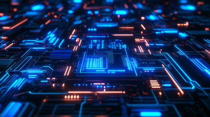 Obraz premium Digital City Technology Concept with Motherboard and Circuit Board at Night