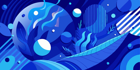 Abstract Blue and White Pattern with Circular and Leaf Shapes