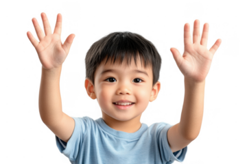 Happy Asian Child Raising Hands Isolated on Transparent Background