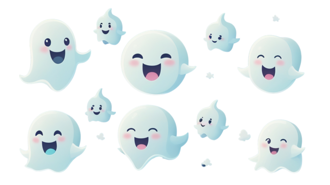 Charming ghost sheet cartoons, set for logo icons, transparent background.