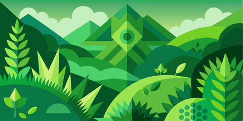 Geometric Green Landscape with Mountains and Foliage