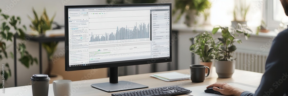 Poster an expert is focused on a large monitor, analyzing data while surrounded by a neat desk arrangement 