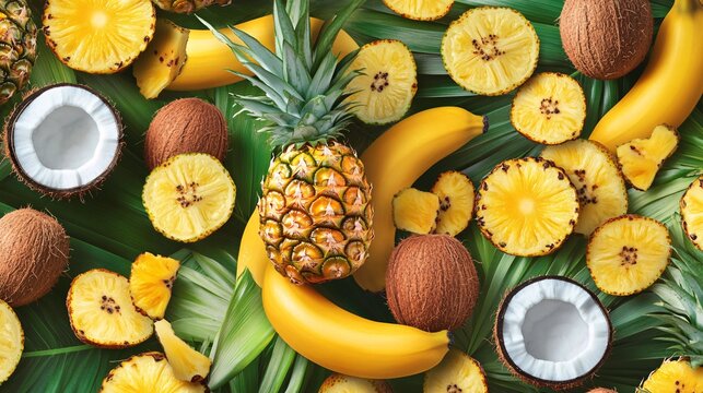 A vibrant photorealistic seamless pattern of mixed tropical fruits like bananas coconuts and pineapples