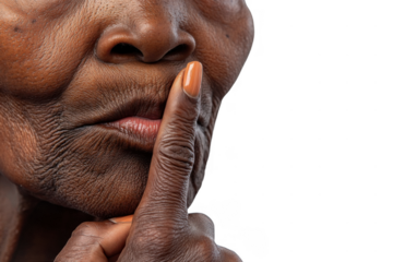 Close-Up of Elderly African Woman with Finger on Lips Isolated on Transparent Background