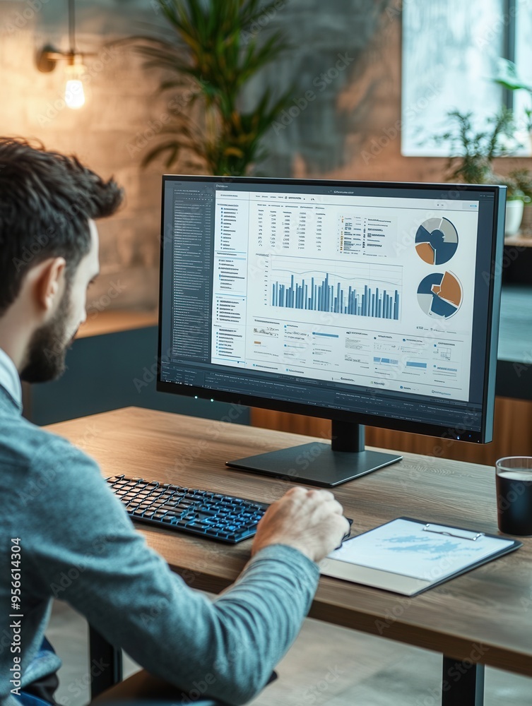 Poster a focused expert reviews detailed data on a large monitor, surrounded by a keyboard, notepad, and a 