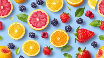 Naklejka premium A seamless pattern showcasing vibrant photorealistic berries and citrus fruits