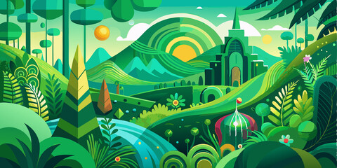 Fototapeta premium A Lush Green Forest Landscape with a Towering Structure and a Bright Sun in the Distance