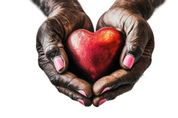 Elderly African Hands Holding Red Heart Symbolizing Love and Care on Transparent Background