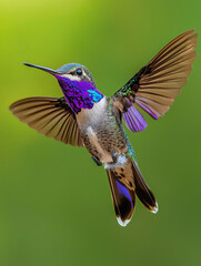 Fototapeta premium A hummingbird with a purple and blue tail is flying in the air