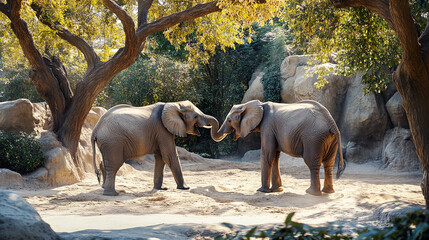 A pair of elephants interacting playfully in their spacious zoo enclosure, with sand and trees surrounding them.