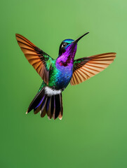 Obraz premium A hummingbird with a purple and blue tail is flying in the air