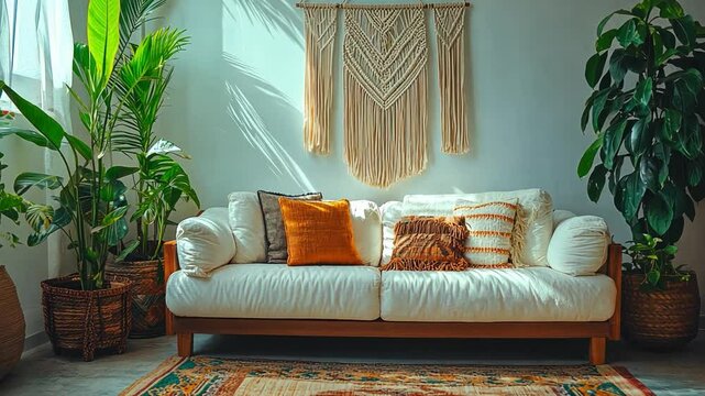 A bohemian-inspired living room with a mix of textures and patterns, featuring a white sofa, macrame wall hanging, and indoor plants, against a white wall.