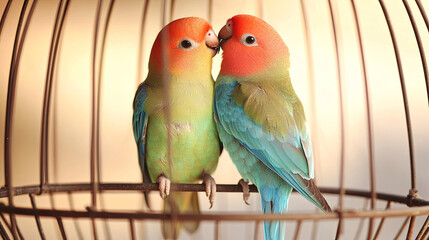 A pair of lovebirds perched together in a large cage, their colorful plumage contrasting against the simple background.