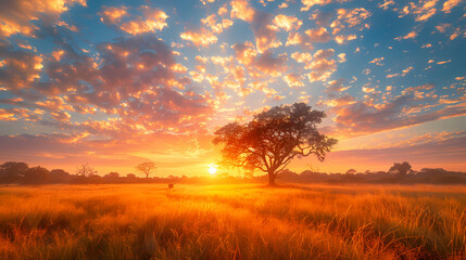 Fototapeta premium Sunrise over the savanna and grass fields in central Kruger National Park in South Africa