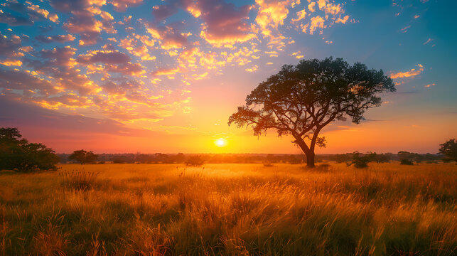 Sunrise over the savanna and grass fields in central Kruger National Park in South Africa