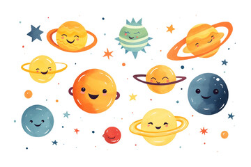 A collection of cartoon planets with smiling faces