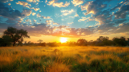 Sunrise over the savanna and grass fields in central Kruger National Park in South Africa
