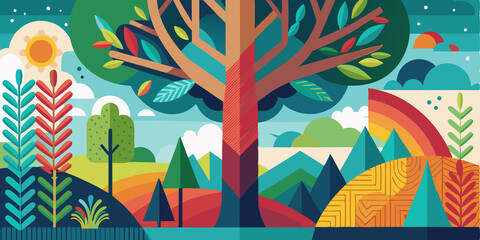 Abstract Illustration of a Forest Landscape with a Large Tree in the Center