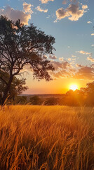 Sunrise over the savanna and grass fields in central Kruger National Park in South Africa