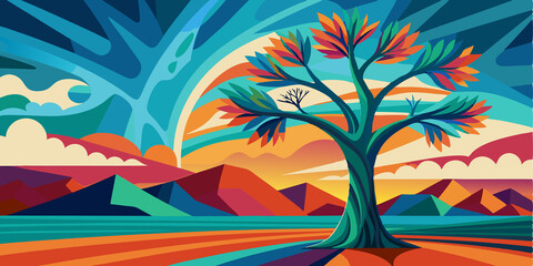 Obraz premium Abstract Landscape with a Tree and Mountains
