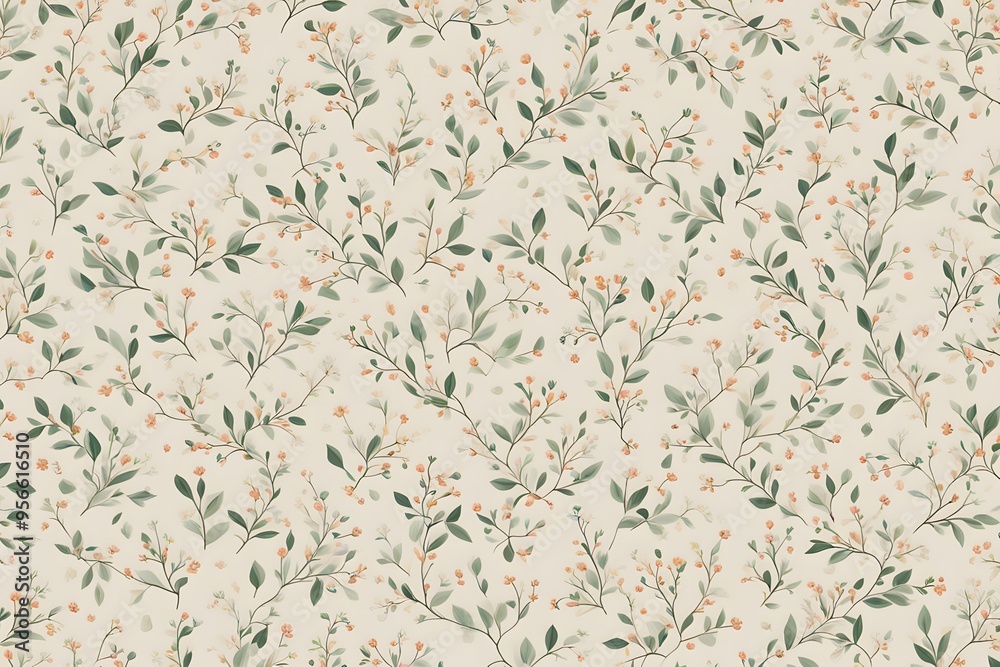 Wall mural A floral pattern with tiny scattered buds and leaves on a pale neutral background, AI Generated