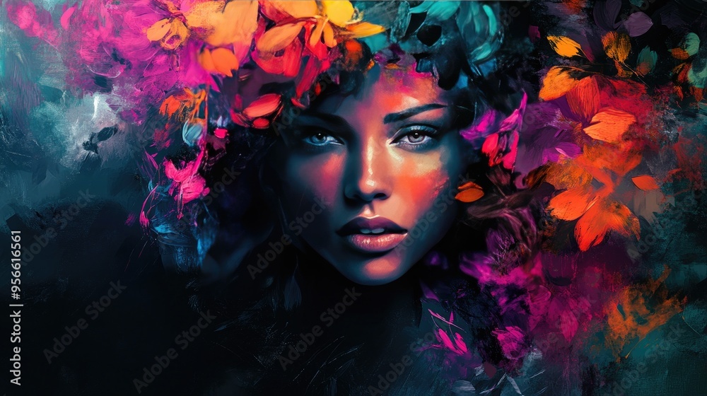 Canvas Prints A woman's face framed by vibrant, abstract flowers