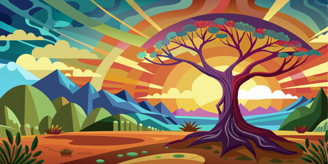 A Vibrant Landscape with a Single Tree and Sunburst Background