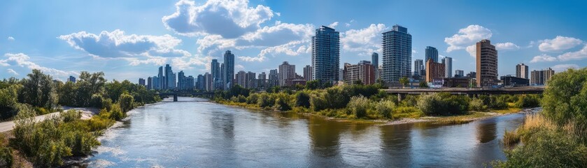 A thriving city skyline contrasting sharply with a polluted, dying river flowing through its center