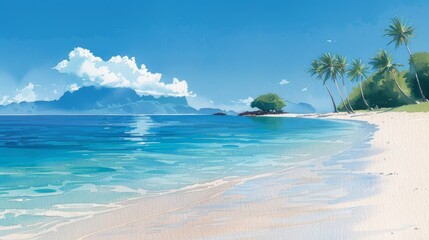 Fototapeta premium Idyllic Tropical Beach with Calm Blue Waters and Palm Trees