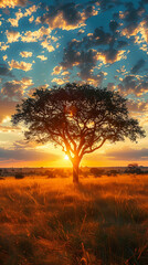 Fototapeta premium Sunrise over the savanna and grass fields in central Kruger National Park in South Africa