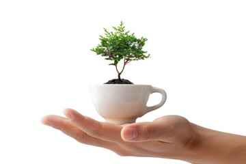 A hand holding a small plant in a white cup