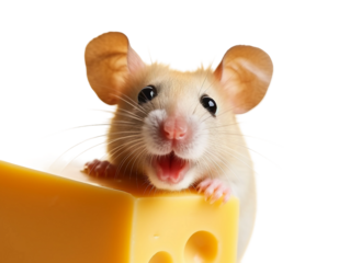 A small, cute, and happy mouse is standing on top of a yellow cheese block