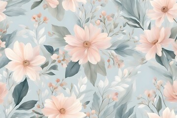 A soft dreamy floral pattern with pastel flowers and light airy leaves, Ai generated