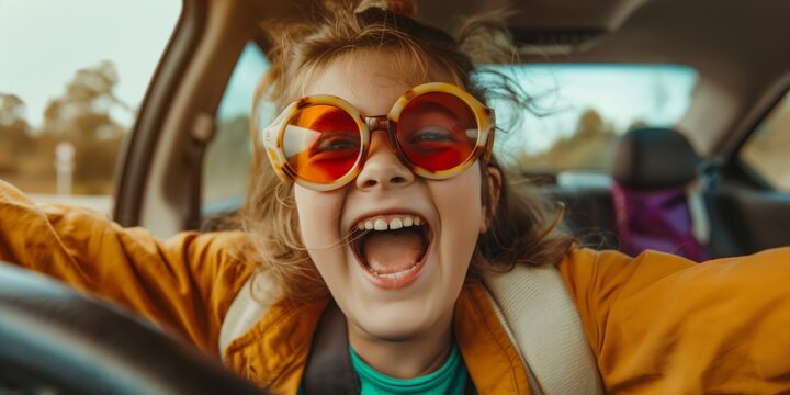 A young girl bursts into laughter, wearing oversized sunglasses, while sitting in a car, exuding pure joy and the carefree spirit of childhood, with excitement palpable.