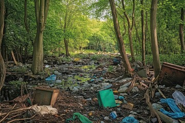 Obraz premium A tranquil woodland scene where the trees grow through heaps of plastic and metal debris