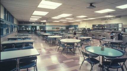 Fototapeta premium An empty classroom with desks, chairs, and a large window