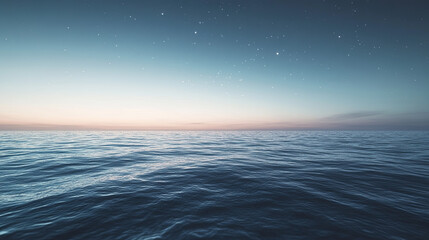 Obraz premium A serene twilight over the sea, with the sky transitioning from day to night, stars beginning to twinkle above the calm water.
