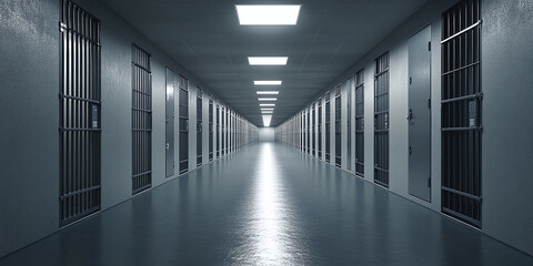 Fototapeta premium Prison corridor interior with rows of cells and locked doors illuminated by ceiling lights,