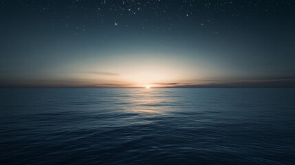 Fototapeta premium A serene twilight over the sea, with the sky transitioning from day to night, stars beginning to twinkle above the calm water.