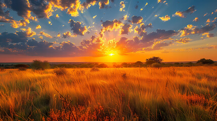 Fototapeta premium Sunrise over the savanna and grass fields in central Kruger National Park in South Africa