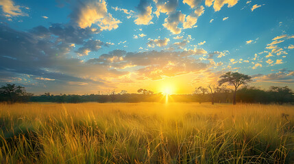 Sunrise over the savanna and grass fields in central Kruger National Park in South Africa
